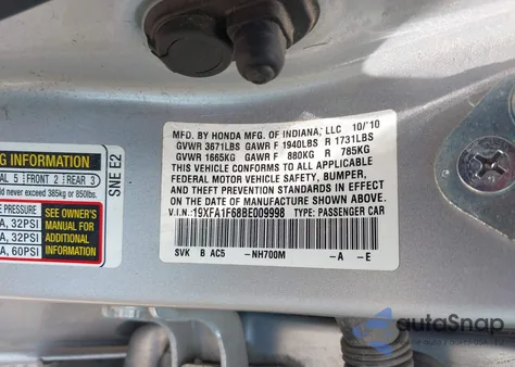 2011 Honda Civic Lx-S z USA, uszkodzony, nr VIN 19XFA1F68BE009998